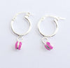 Drop Pink Heart Sterling Silver Hoop Earrings