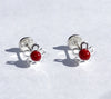 Sterling Silver Screw Back Earrings - Flower with Red Coloured Stone